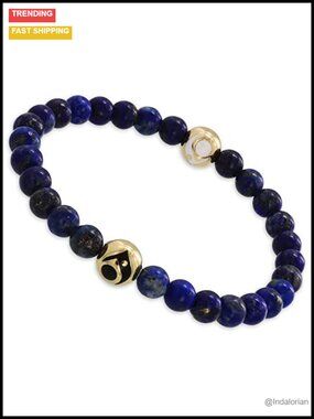 Lokai Lapis Stone Metal Beaded Silicone Stretch Bracelet Slide-On